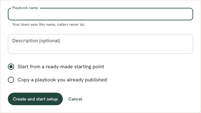 The New playbook form with a Playbook name field, an optional description, and a choice between starting from a ready-made starting point or copying a published playbook.