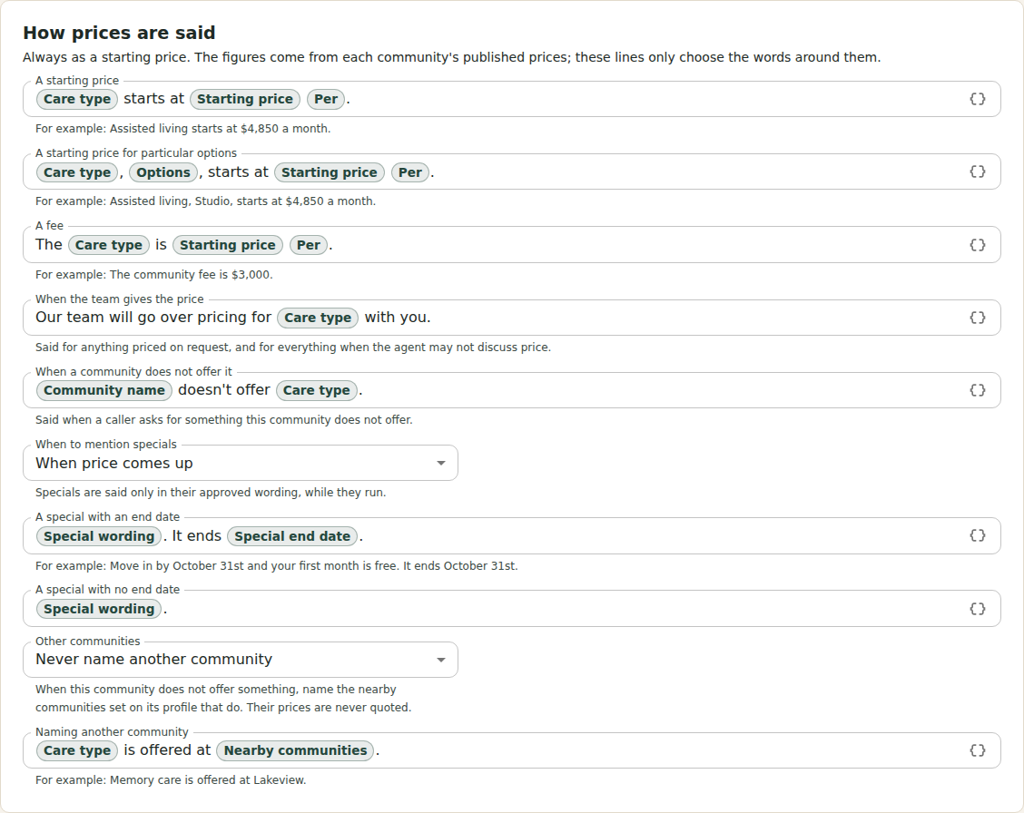 The How prices are said section: fields for a starting price, a starting price for particular options, a fee, when the team gives the price and when a community does not offer it, a When to mention specials list, the special lines, and the Other communities setting.