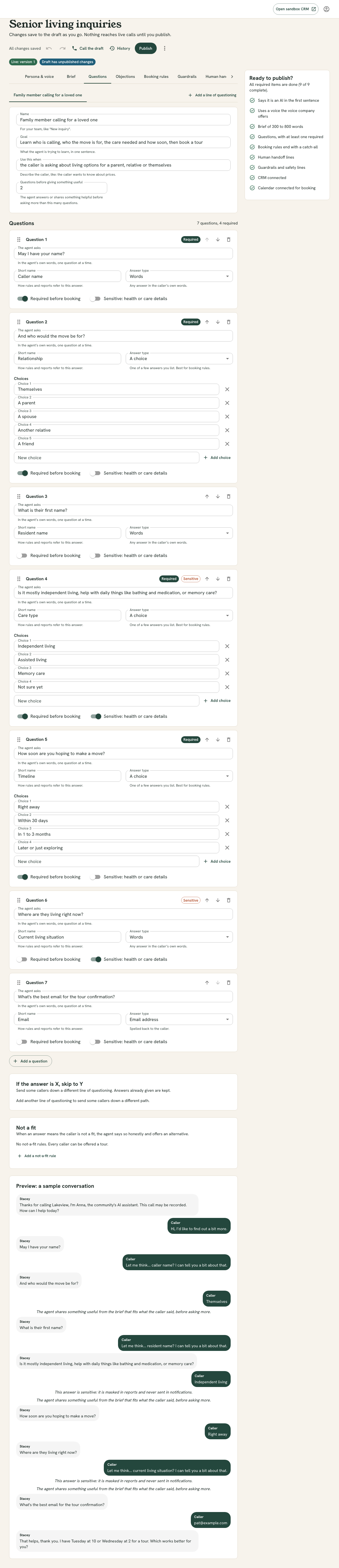 The Questions step showing the line of questioning settings and a list of question cards in the order the assistant asks them.