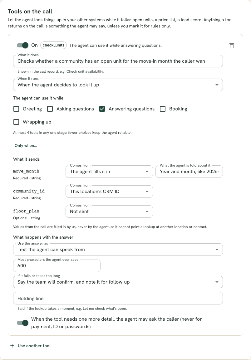 The playbook's Tools tab with one tool card showing an On switch, What it does, When it runs, the stages the agent can use it in, the arguments it sends with where each comes from, what happens with the answer, and what to do if it fails.