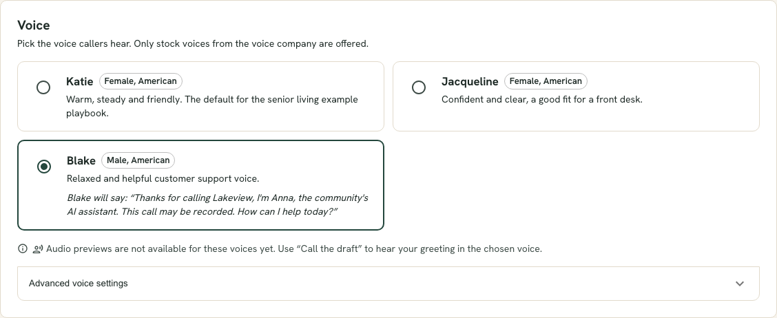 The voice picker with one card per stock voice, each showing the voice name, its gender and accent, and a button to hear it read the greeting.