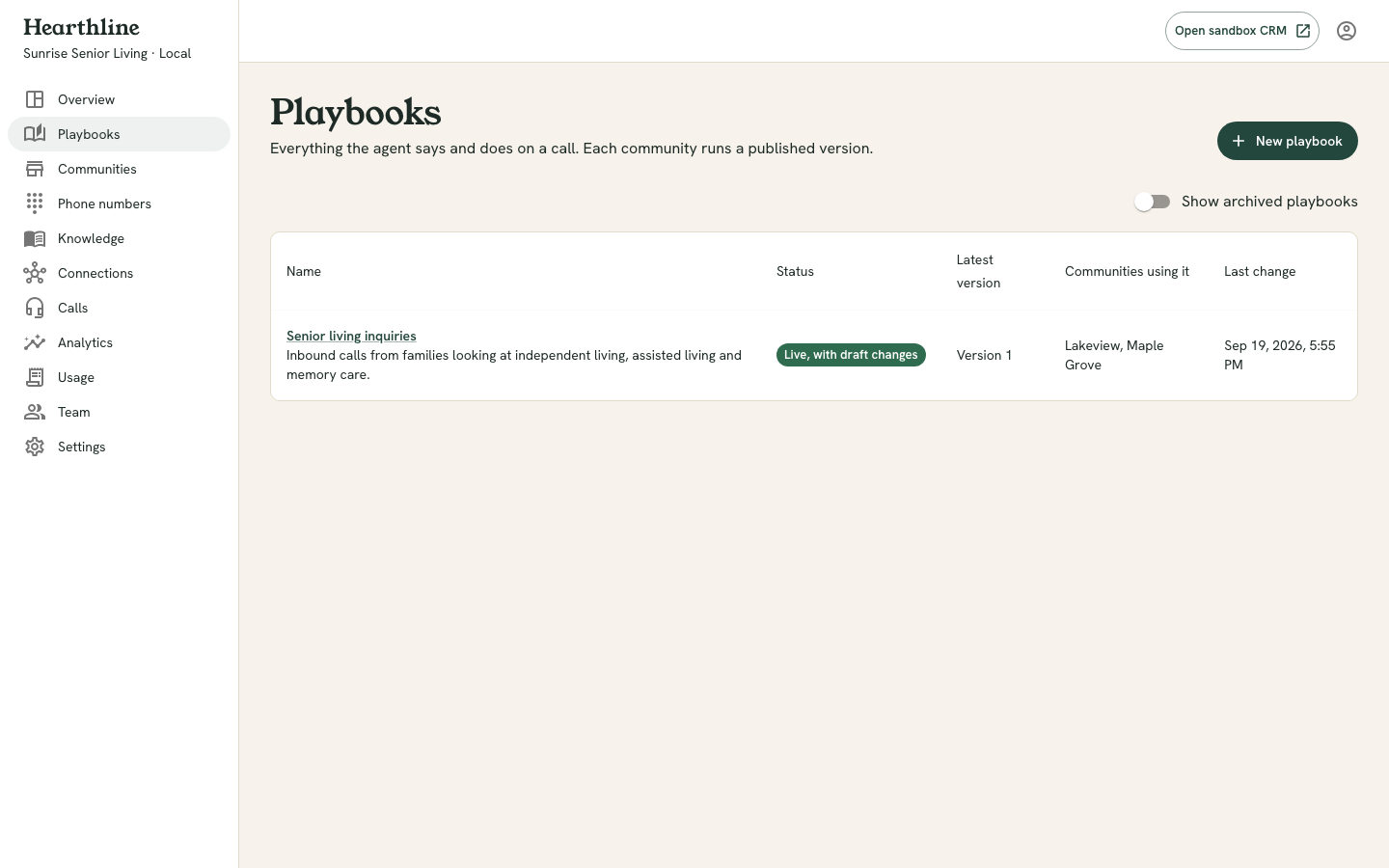 The Playbooks list with one row per playbook showing its name, status, latest version and last change, and a New playbook button.