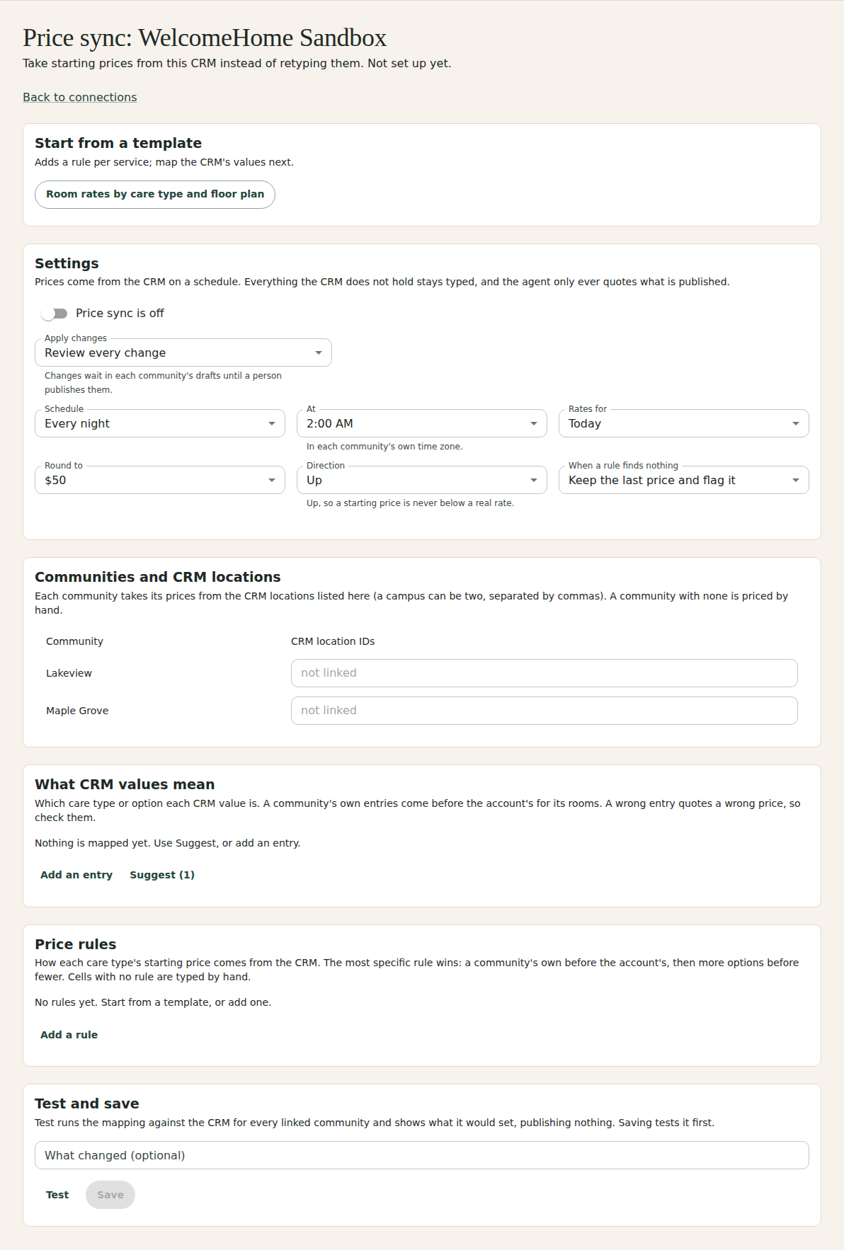 The Price sync page for the WelcomeHome Sandbox connection with Start from a template buttons, the Settings card, a Communities and CRM locations table, What CRM values mean, Price rules, and Test and save.