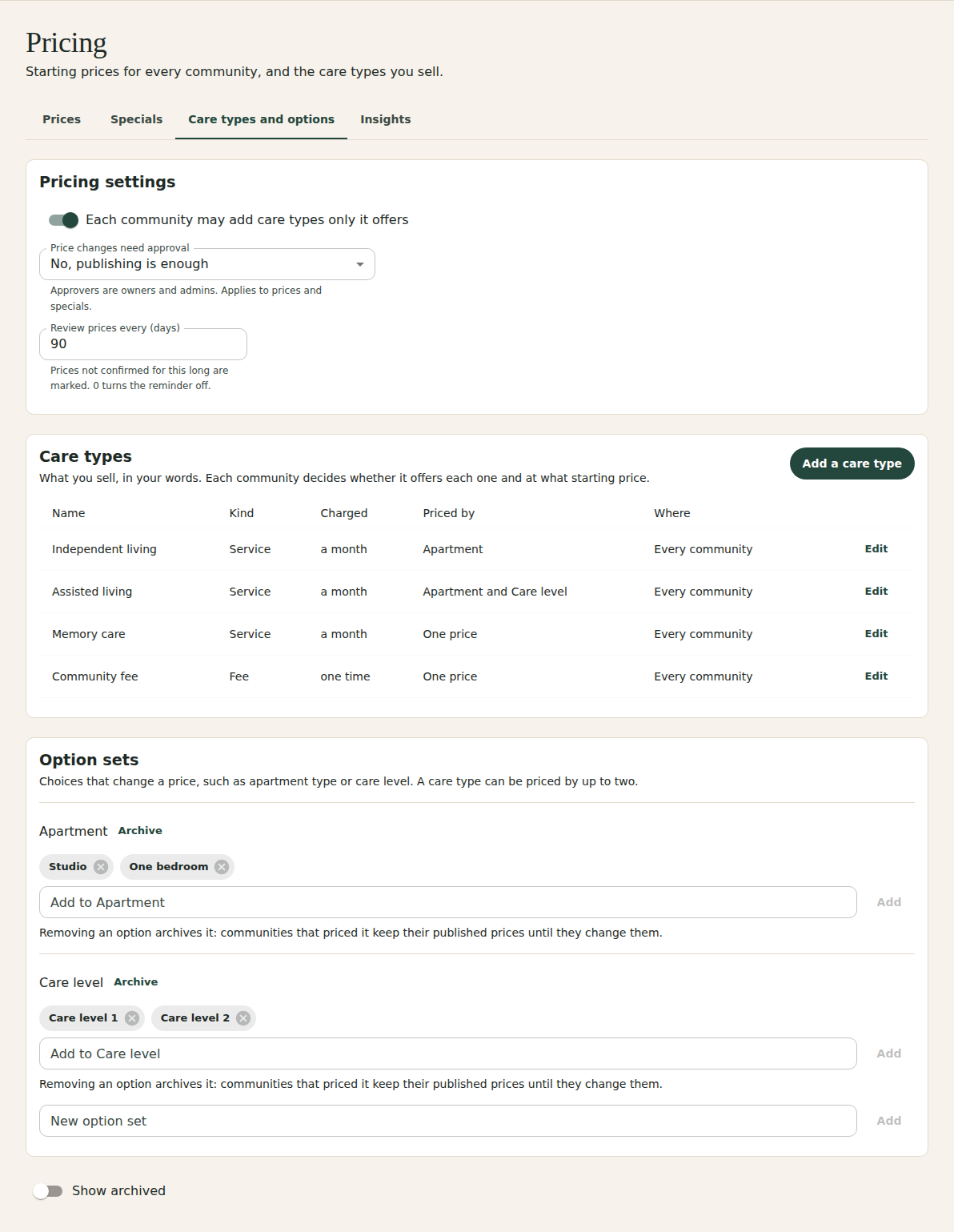 The Care types and options tab: a Pricing settings card, a Care types table with columns Name, Kind, Charged, Priced by and Where, and an Option sets card with Apartment and Care level and their options.
