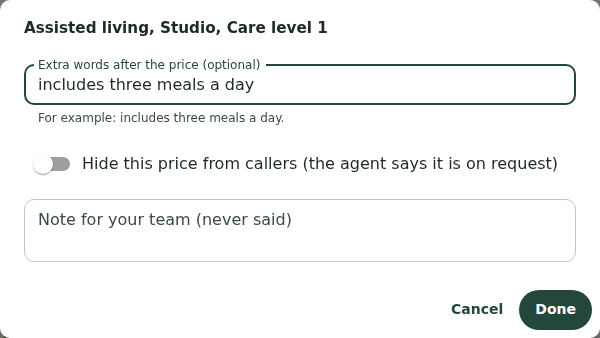 The More dialog for Assisted living, Studio, Care level 1, with Extra words after the price, a switch to hide this price from callers, and a note for the team.