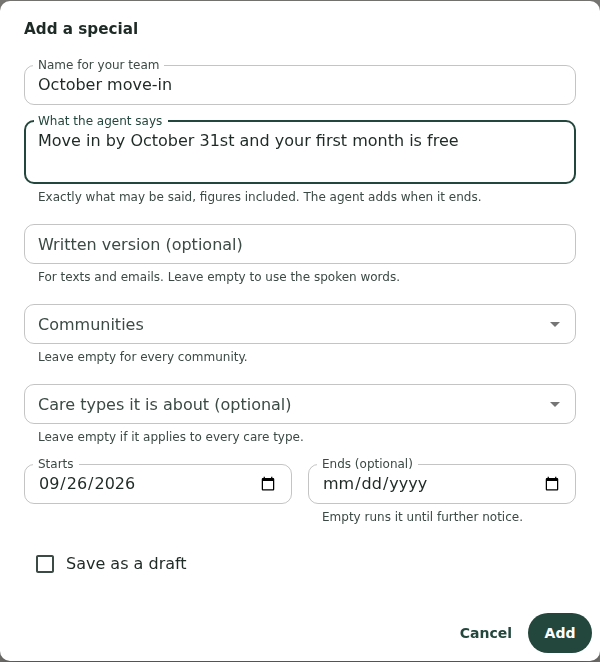 The Add a special dialog with Name for your team set to October move-in, What the agent says set to Move in by October 31st and your first month is free, and fields for a written version, communities, care types, start and end dates, and a Save as a draft checkbox.