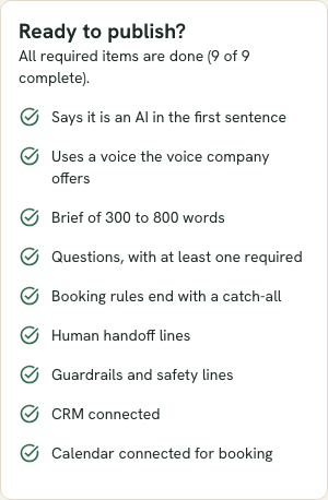The Ready to publish? checklist with nine ticked items including Says it is an AI in the first sentence, Brief of 300 to 800 words, Booking rules end with a catch-all and CRM connected.