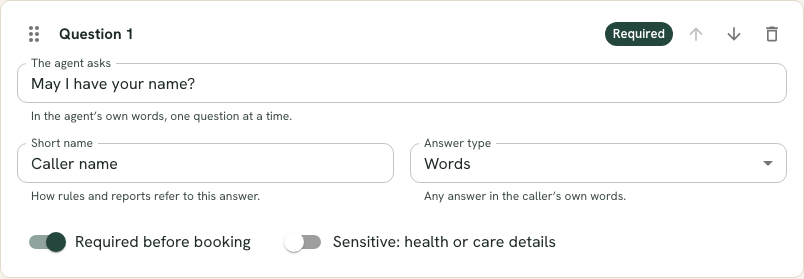 A question card showing the words the assistant asks, the short name, the answer type, and toggles for Required before booking and Sensitive.