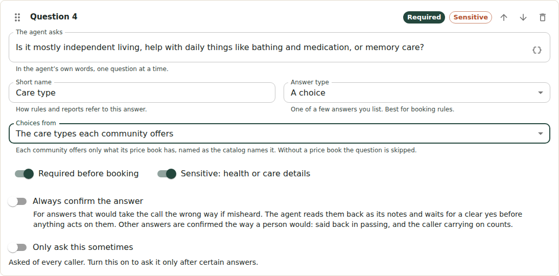 The Care type question card with Choices from set to The care types each community offers, and the note: each community offers only what its price book has, named as the catalog names it, and without a price book the question is skipped. The written choices are gone.