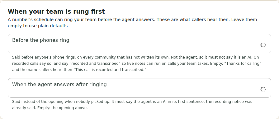 The playbook's Persona tab, section When your team is rung first, with the notice said before the phones ring and the opening the agent says when it answers after ringing.