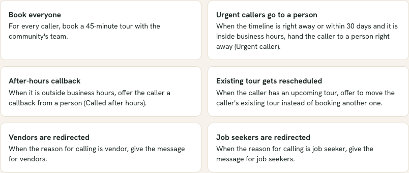 The rule template gallery with cards for Book everyone, Urgent callers go to a person, After-hours callback, Existing tour gets rescheduled, Vendors are redirected and Job seekers are redirected.