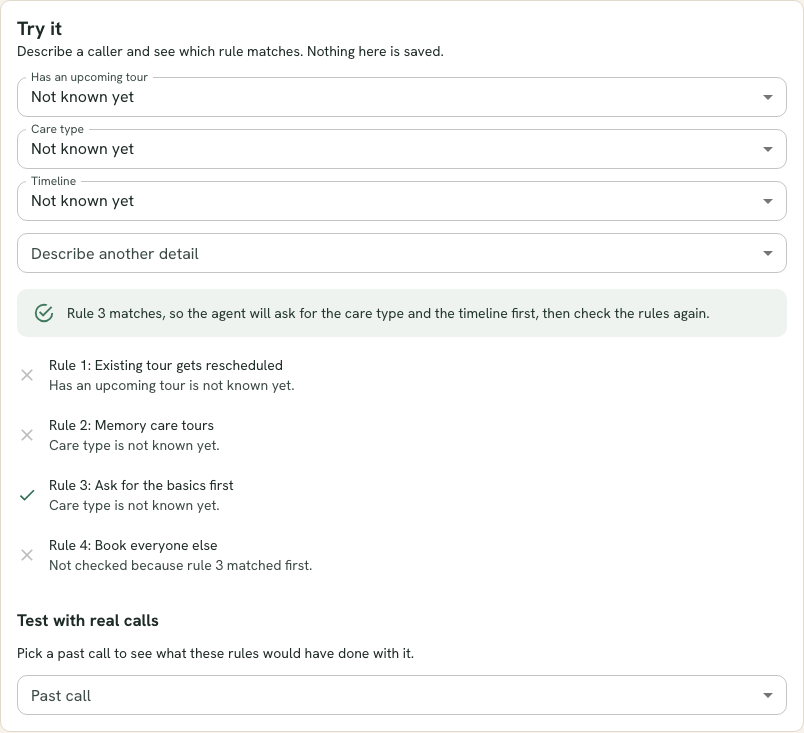 The Try it panel with dropdowns describing a caller, a green result saying which rule matches and what the assistant will do, and a list of every rule with the reason it did or did not match.