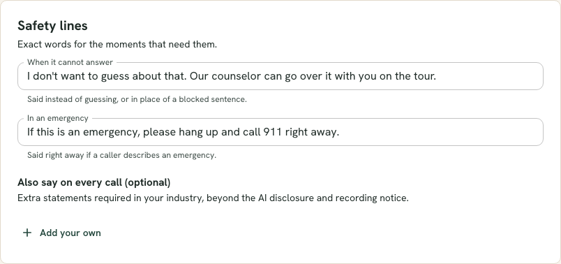 The Safety lines section with a field for what the assistant says when it cannot answer and a field for what it says in an emergency.
