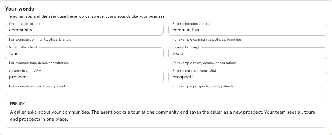 The Your terms section of Settings, with fields for the singular and plural of a location, a booking, a caller record, a thing you sell and a dated offer, and a live preview sentence.