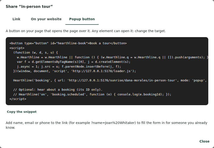 The Share dialog for a page: tabs for Link, On your website and Popup button, with the snippet to copy.