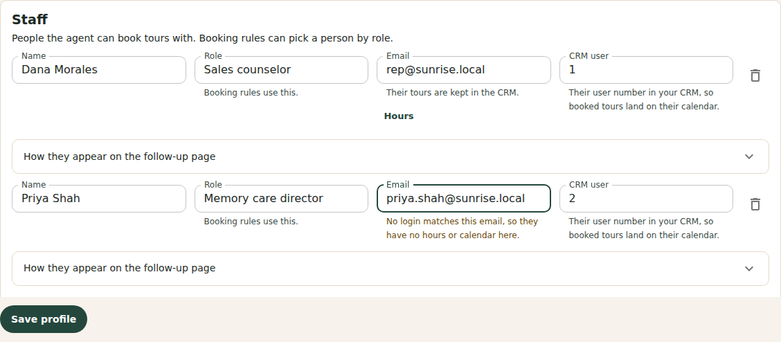 A community's staff list: Dana Morales's entry is linked to her login and says her tours are kept in the CRM, with an Hours button; Priya Shah's entry warns that it is not linked to a login.