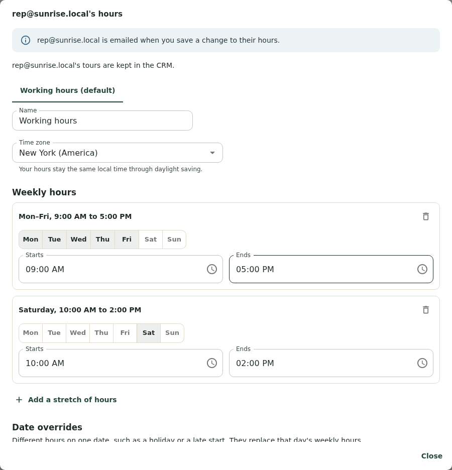 A rep's hours opened from Team: a note that the rep is emailed when you save, their Working hours schedule with time zone, weekly hours and date overrides, and a Save hours button.