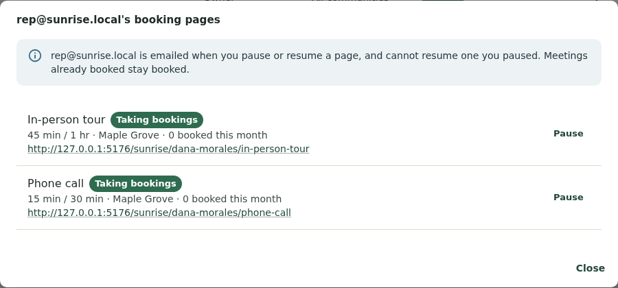 A rep's booking pages opened from Team: each page with its status, lengths, community and link, a Pause button, and the note that the rep is emailed and cannot resume a page you paused.