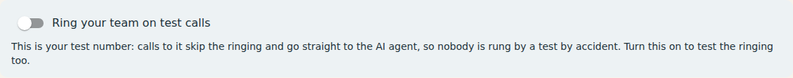 On the test number's call flow: a switch, Ring your team on test calls, turned off, saying calls to this test number skip the ringing and go straight to the AI agent.