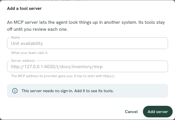 The Add a tool server dialog with a Name field, a Server address field, and Cancel and Check server buttons.