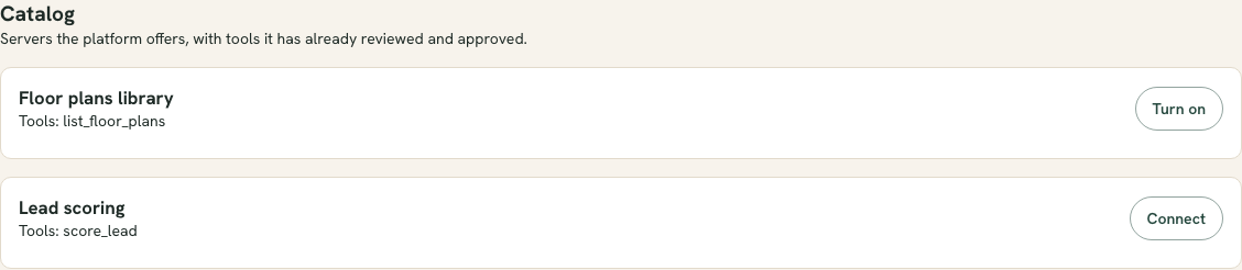 The Catalog section of the Tools page with one card per server offered by the platform, listing its tools, with Turn on and Connect your account buttons.