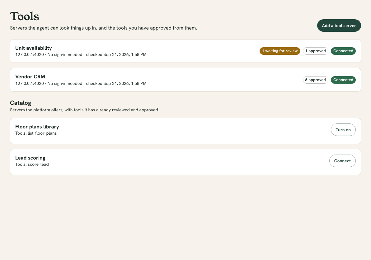 The Tools page listing connected tool servers, each with its address, how it signs in, when it was last checked, and chips for how many tools are approved or waiting for review, above a Catalog section.