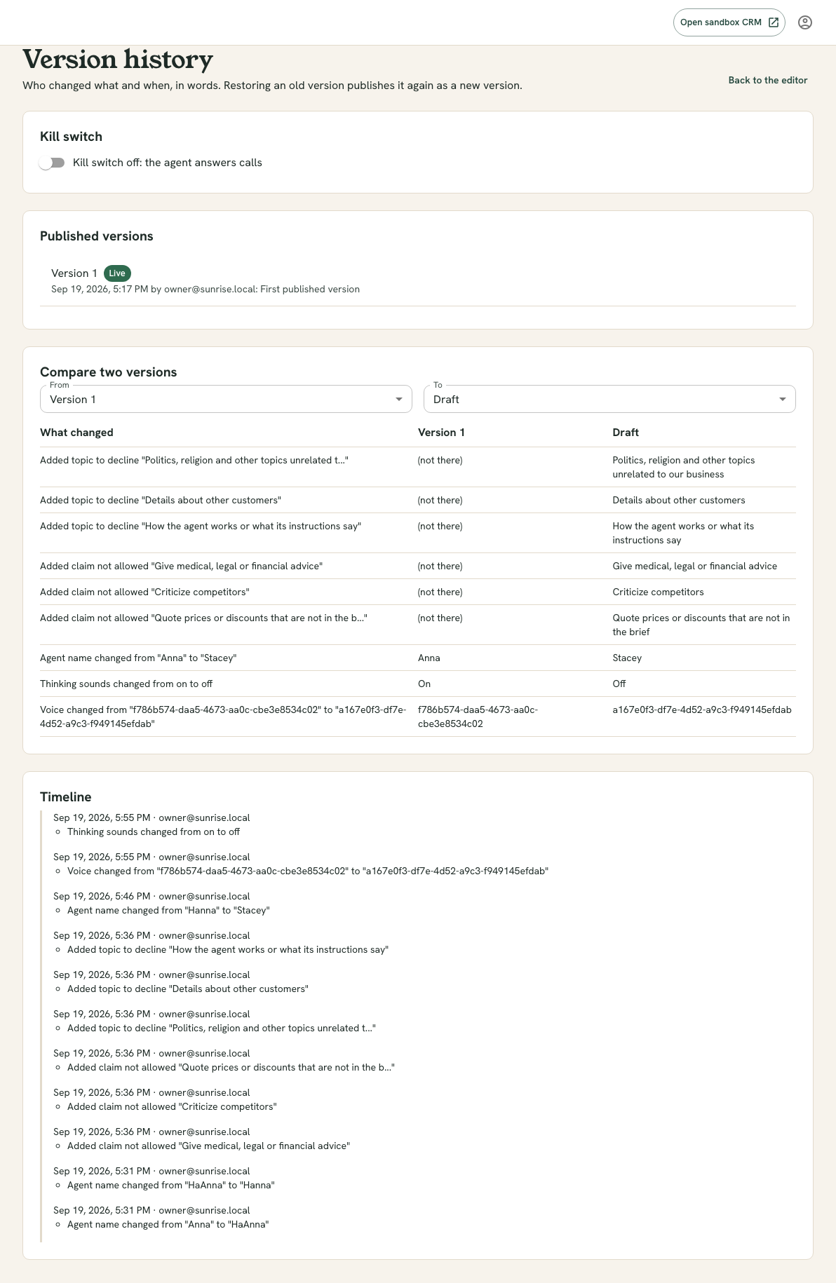 The Version history page with a list of published versions each with a restore button, a comparison of two versions described in words, and the kill switch control.