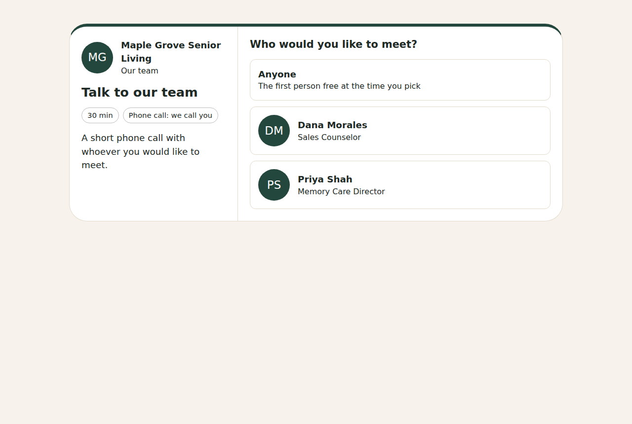 A community page asking Who would you like to meet?, with Anyone, then Dana Morales and Priya Shah with their titles.
