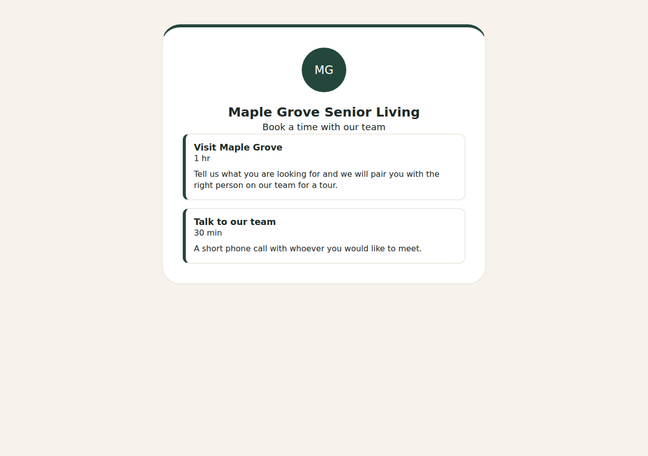 Maple Grove's booking link: the community's name and a card for each of its pages.