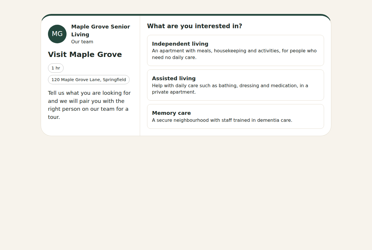 A community page asking What are you interested in?, with independent living, assisted living and memory care.