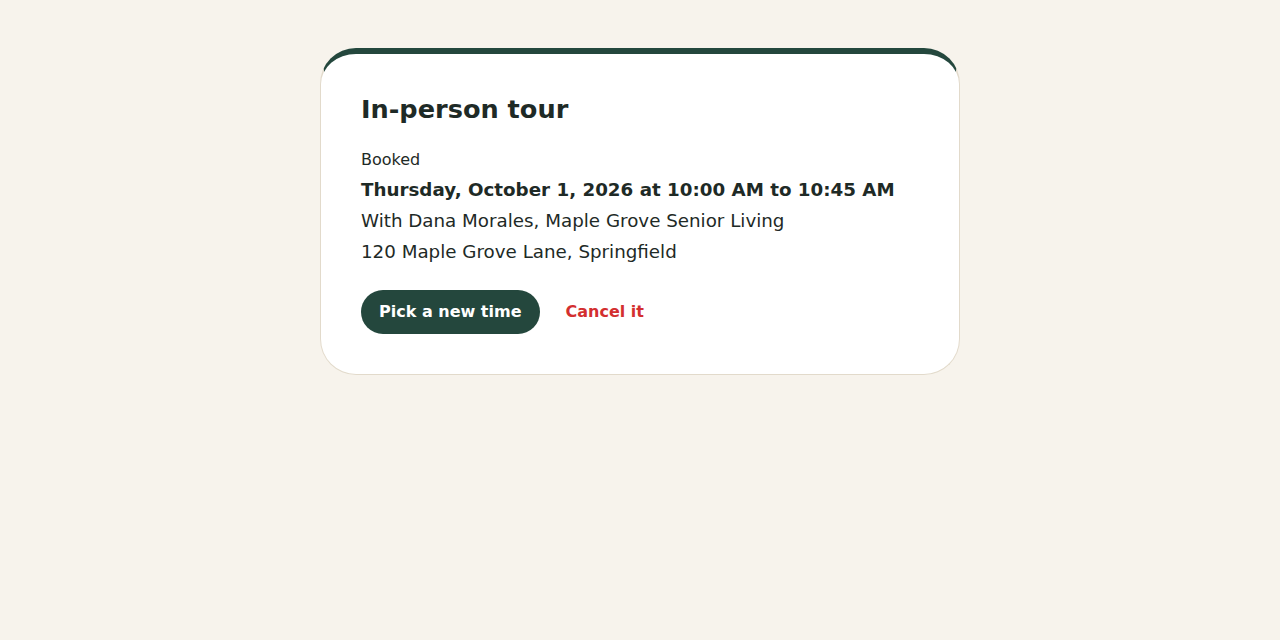 The page people reach from their confirmation: the tour, its time, who with and where, and Pick a new time and Cancel it.