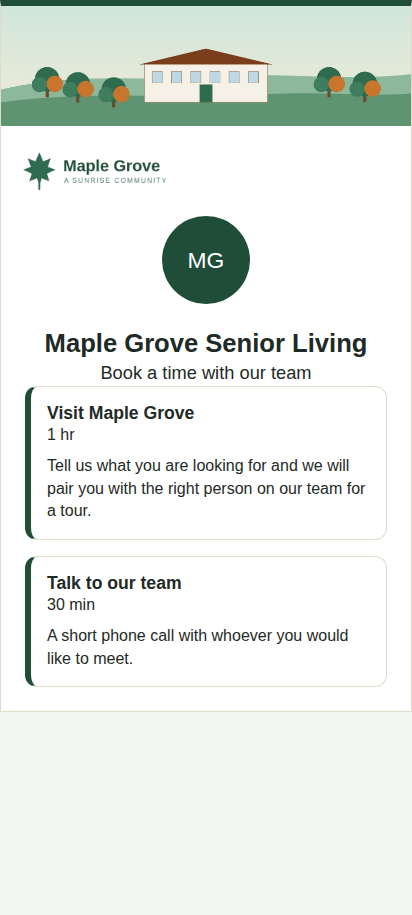 Maple Grove's booking pages on a phone, with its cover photo and logo.