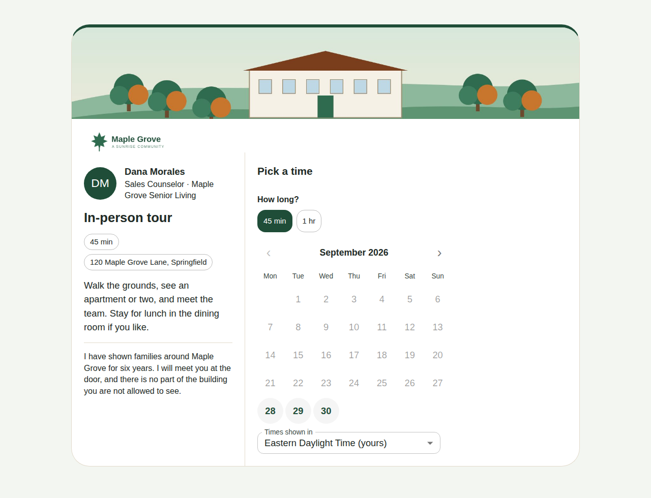 A booking page in Maple Grove's brand: a cover photo of the community across the top, the Maple Grove logo, and green buttons and highlights.