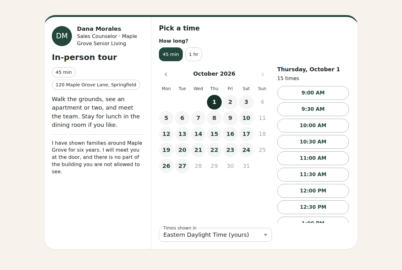 A booking page: on the left the rep, the tour's lengths and address and a description; on the right a length choice, a month calendar with open days in bold, the chosen day's times and the time zone.