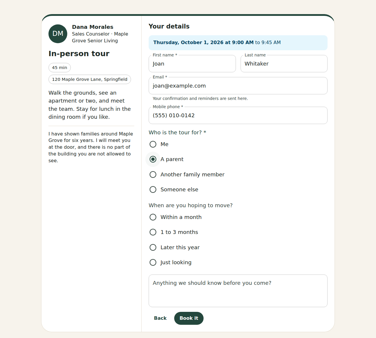 The details step: the chosen time at the top, first and last name, email and mobile, and the page's questions, with Back and Book it.