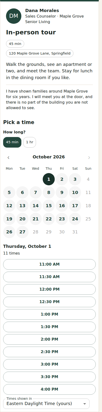 A booking page on a phone: the rep and the tour at the top, then the lengths, the month and the chosen day's times.