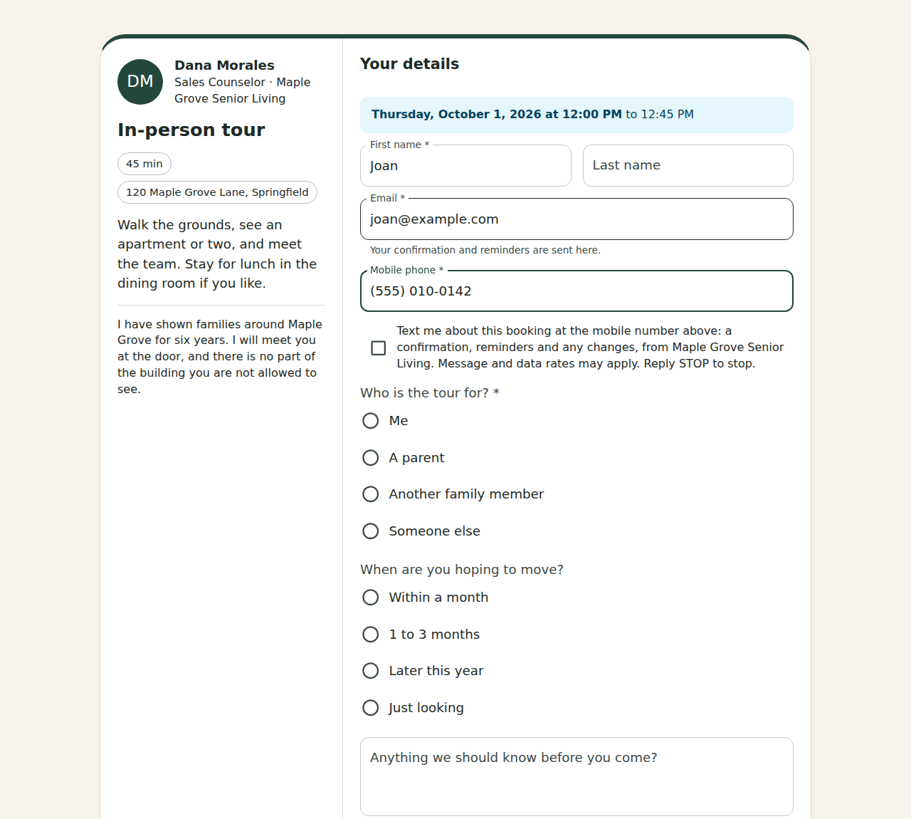 The details step with a mobile number typed and the unticked box to get texts about the booking.