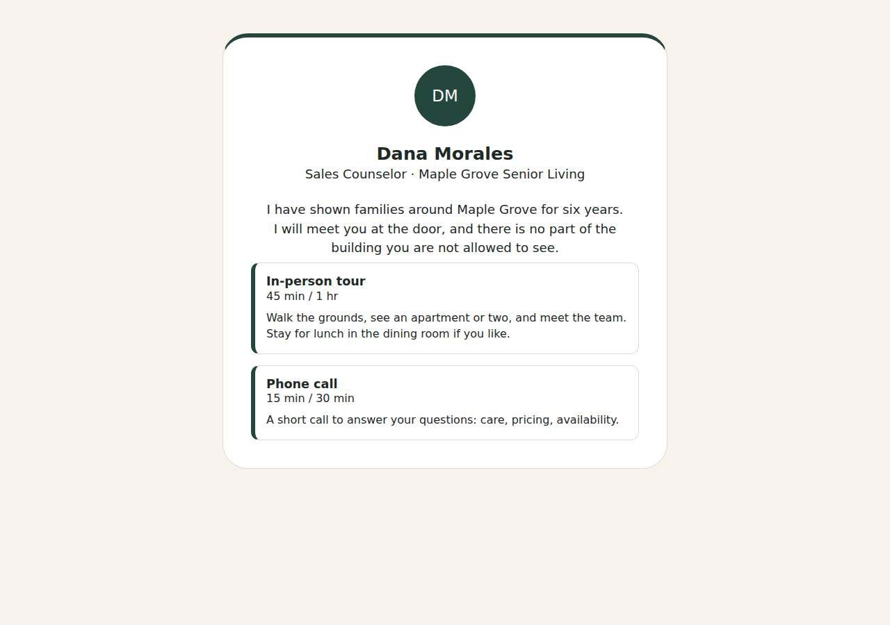 A rep's booking link: their name and title at the top, and a card for each of their pages with its lengths and a short description.