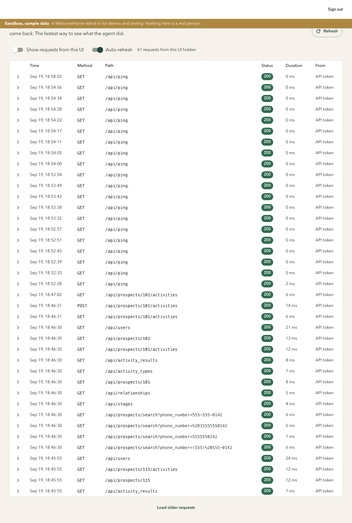 The sandbox CRM API log with a table of requests showing time, method, path, status, duration and whether the request came from this UI or an API token.