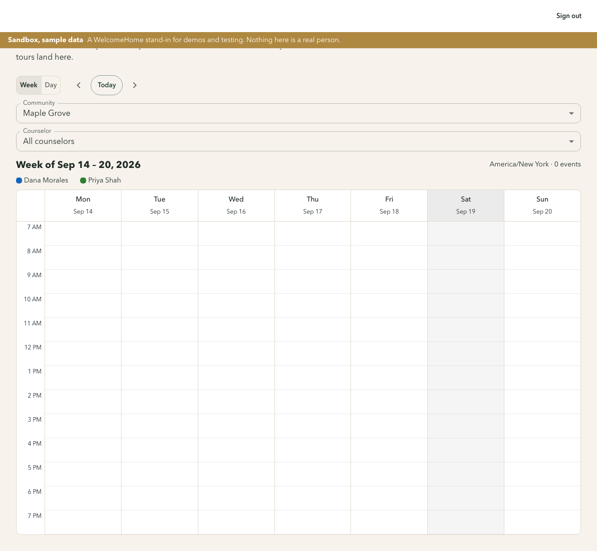 The sandbox CRM week calendar showing scheduled tours arranged by day and time, coloured by sales counselor.