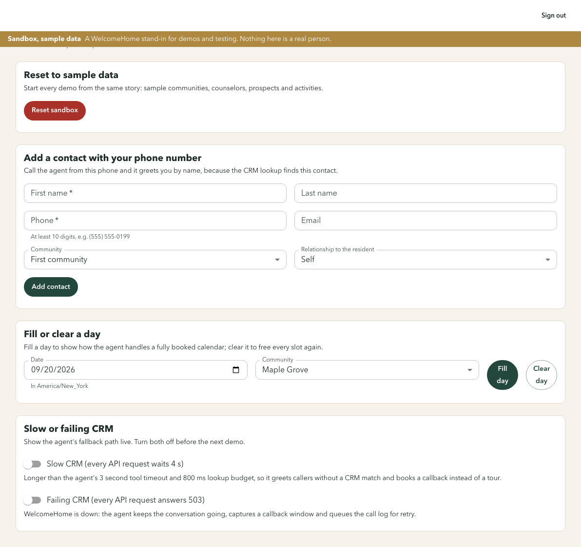 The Demo tools page with four cards: reset to sample data, add a contact with your phone number, fill or clear a day, and slow or failing CRM switches.