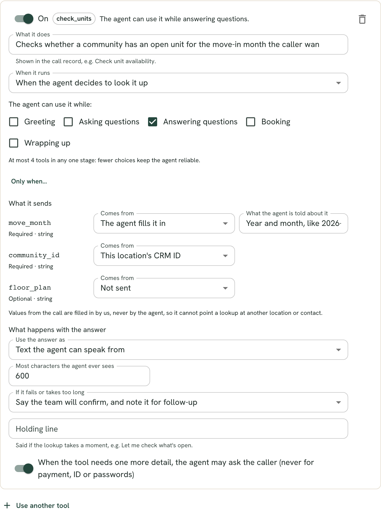 The Tools tab of a playbook: a unit availability tool the agent can use while answering questions, with where each value it sends comes from and what happens with the answer.