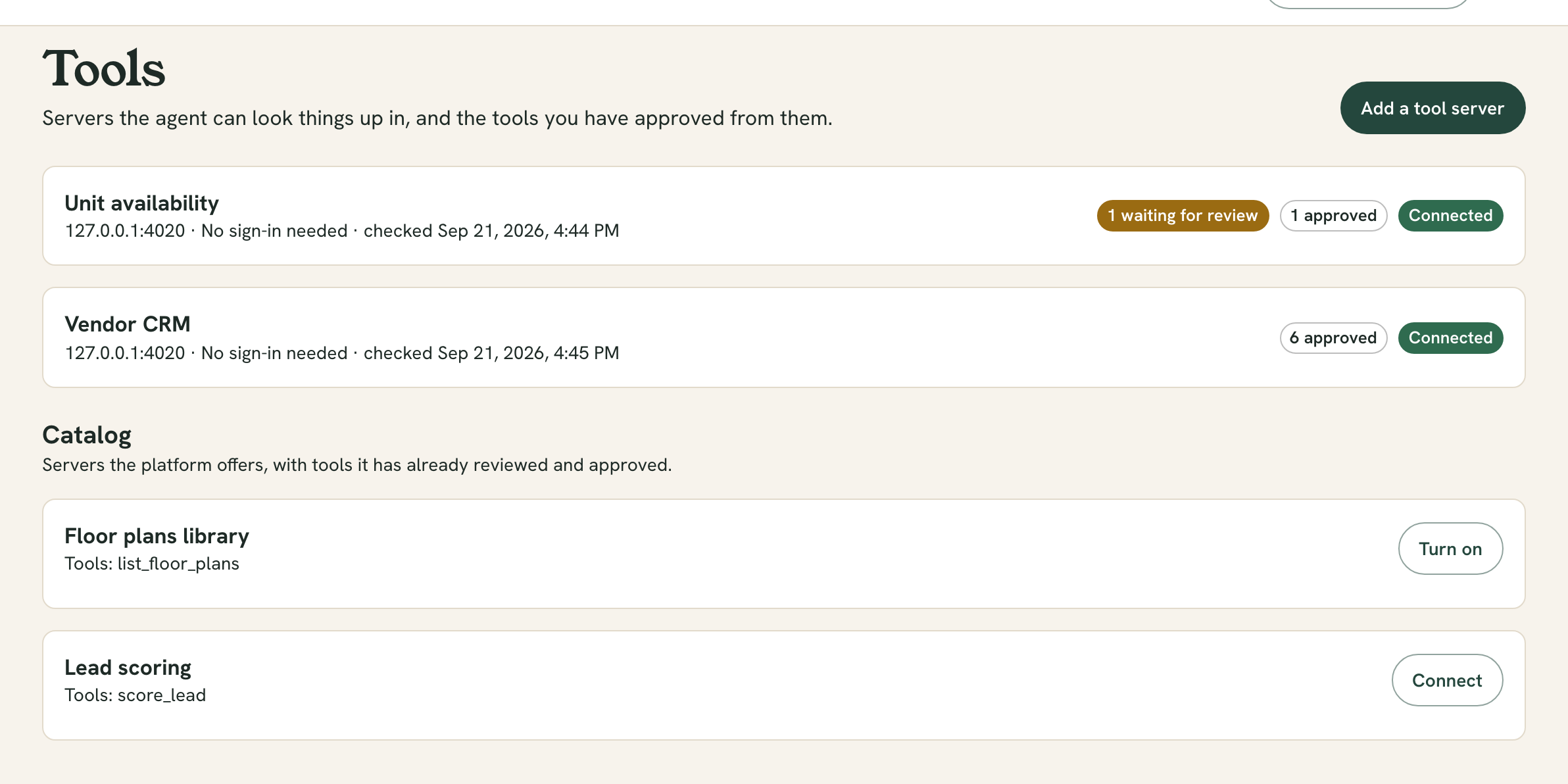 The Tools page in the admin app, listing tool servers with how many tools are approved or waiting for review, and a catalog of servers already reviewed.