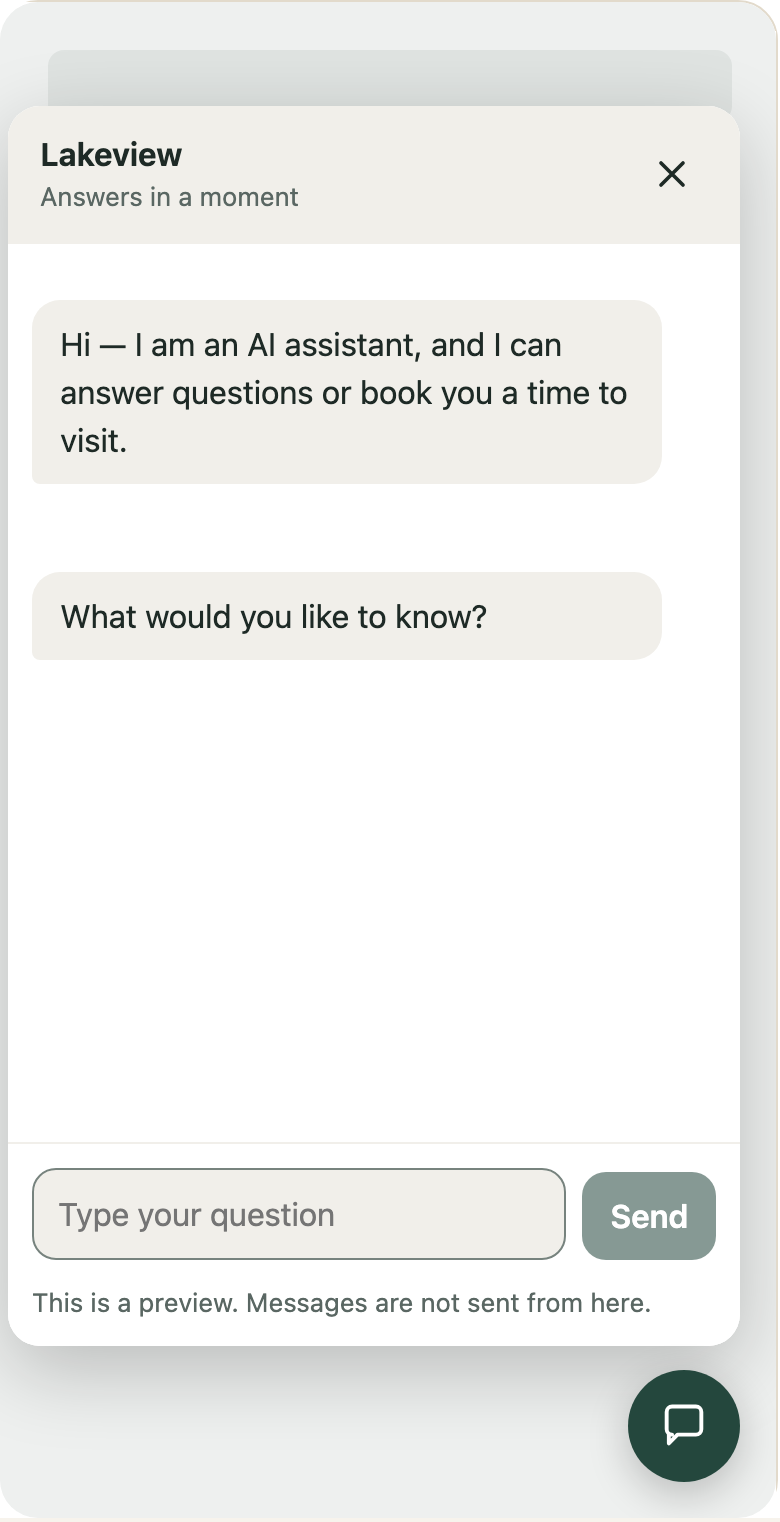 The website chat at phone size, previewed in the admin app: an open chat panel for Lakeview that says it is an AI assistant and offers to answer questions or book a visit.